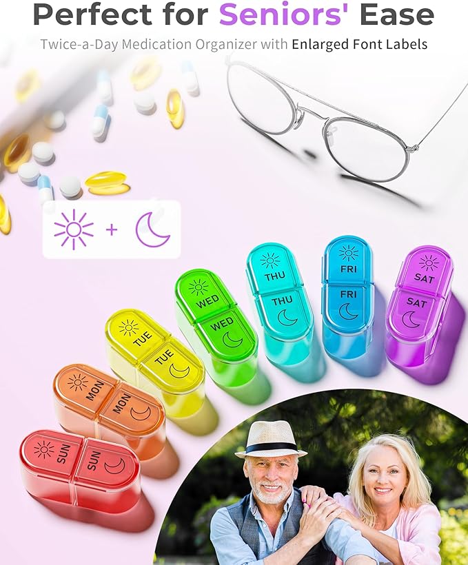 𝐏𝐢𝐥𝐥 𝐎𝐫𝐠𝐚𝐧𝐢𝐳𝐞𝐫, Am & Pm Pill Organizer 7 Days, Weekly Pill Organinzer 2 Times a Day, Pill Box 7 Day, Medicine Pill Organizer for Travel, Vitamins, Fish Oils, Supplements