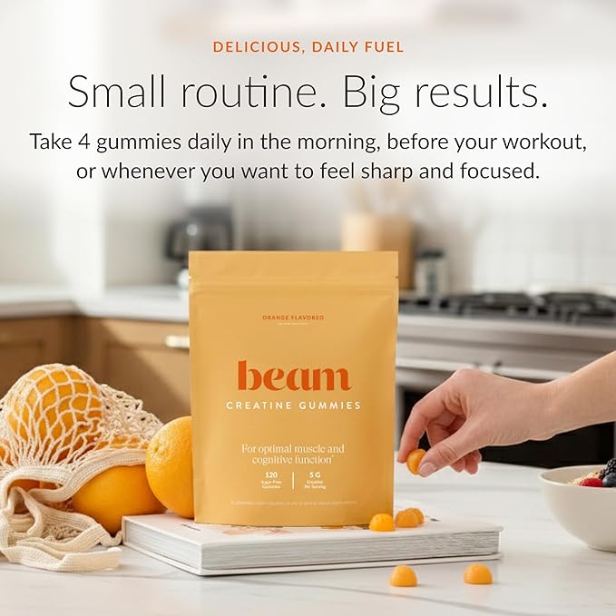 Beam Creatine Gummies – Creatine Monohydrate Gummies with 5g Creatine, Sugar Free, Muscle Strength & Workout Recovery Support, Creatine Gummies for Women and Men, Orange Flavor, Vegan, 30 Servings