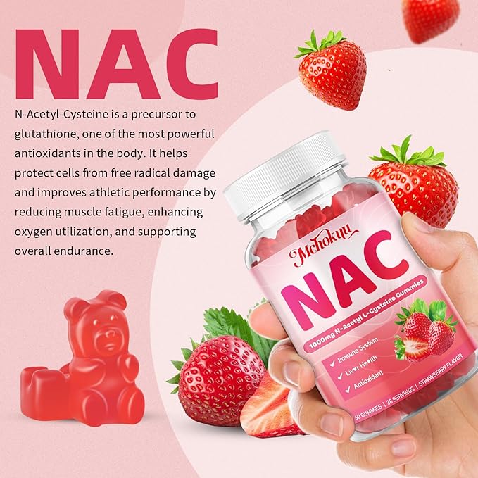 NAC Gummies for Adults & Kids 1000mg Per Serving, NAC Supplement N-Acetyl Cysteine for Immune, Glutathione & Antioxidant Support, Sugar-Free Vegan Strawberry Flavor, 60 Count