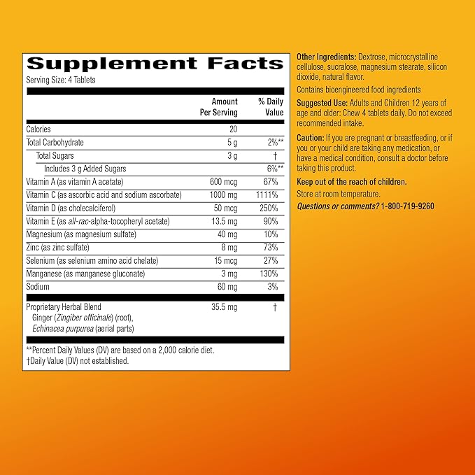 Amazon Basic Care Immune Support Citrus Chewable Tablets with Antioxidants, Vitamin D and Immune System Support, 32 Count