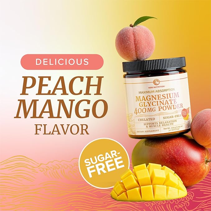 Magnesium Glycinate Powder 400MG | Sleep & Relaxation Support | Peach Mango Flavor, Sugar-Free | High Absorption Chelated Magnesium Powder | Vegan, Gluten-Free, Non-GMO | 30 Servings | 225g (7.94oz)