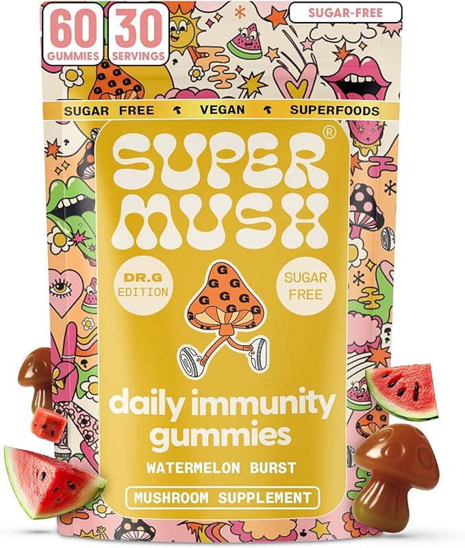 SuperMush Dr. G Daily Greens Gummies - Lion’s Mane, Spirulina, Chlorella, Ashwagandha, Prebiotics & Vitamins C, D, Zinc - Sugar Free Greens Gummies for Immunity, Gut Health & Radiance - Vegan 60 Ct