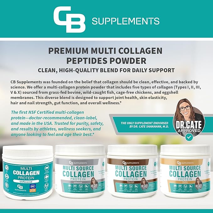 CB Supplements Multi Collagen Protein – Hydrolyzed Collagen for Joint, Skin, Gut, Hair & Nail Health – Vanilla Flavored Powder with Types I, II, III, V & X – Grass-Fed & Clean – 58 Servings