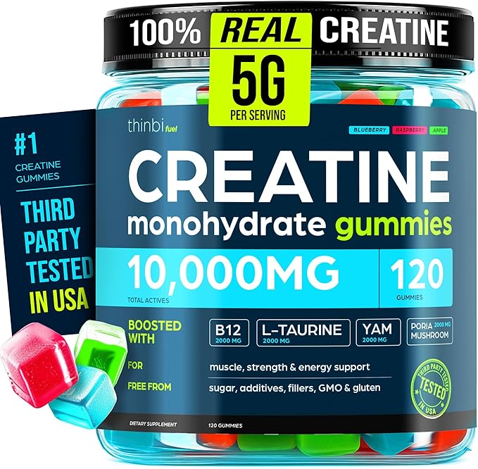 Thinbi Creatine Gummies Monohydrate Complex 10,000mg for Men & Women -120 Gummies Advanced Formula W/L-Taurine + Vitamin B12 for Muscle Strength, Muscle Builder, Energy Boost, Pre-Workout Supplement