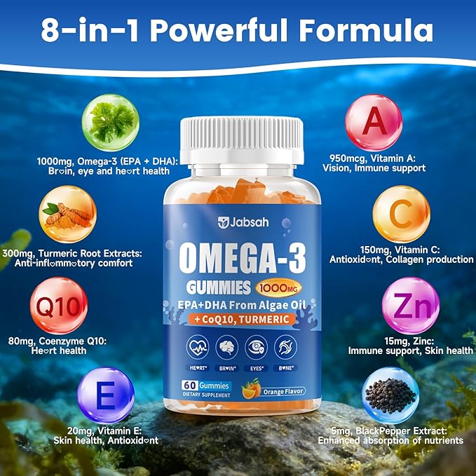 Vegan Omega-3 Gummies 1000mg from Algae Oil (DHA 460mg & EPA 230mg), Omega 3 Fish Oil Alternative for Adults, Plus Turmeric & CoQ10 for Brain, Eye & Immune Health, No Fishy Taste, Sugar Free, 60 Cts