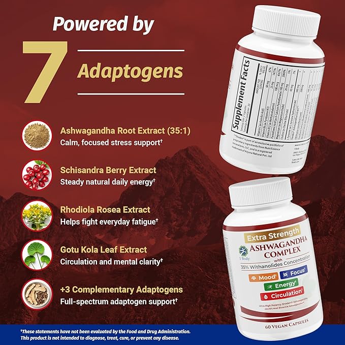 1 Body Adrenal Support Supplement – Ashwagandha Adrenal Complex for Stress, Energy & Mood – Adaptogens with Rhodiola, Eleuthero & B Vitamins – Adrenal Fatigue Support – 60 Vegan Capsules