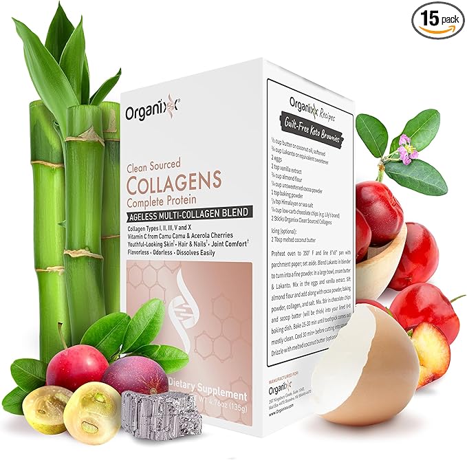 Organixx Clean Sourced Collagens, Protein Powder Supplement with 5 Types of Collagen, Vitamin C, Zinc, and Vitamin B6, Unflavored Collagen Powder, Dairy and Gluten Free, Keto, 15 Travel Packets