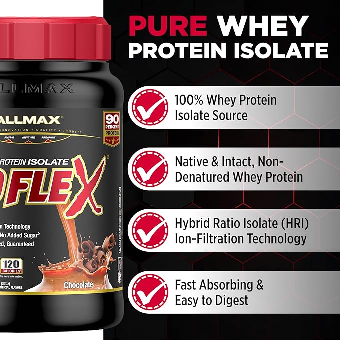 ALLMAX ISOFLEX Pure Whey Isolate Protein Powder - Gluten Free, Low Lactose, Sugar-Free - High-Protein, Clean, Keto-Friendly for Pre Post Workout Supplement for Women and Men | Chocolate, 2lb