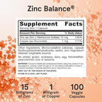 Jarrow Formulas Zinc Balance 15 mg - 100 Servings (Veggie Caps) - Zinc with Copper - Essential Minerals for Immune System Support - Immune Support Supplement - Gluten Free Copper Supplement, Vegan