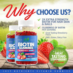 Biotin 10,000mcg Gummies for Hair Growth, Skin & Nails (100 Count) - 2x Maximum Strength Biotin Vitamins for Women & Men - Gluten-Free, Vegan, Non-GMO, Great Tasting Strawberry Flavor - 100 Gummies