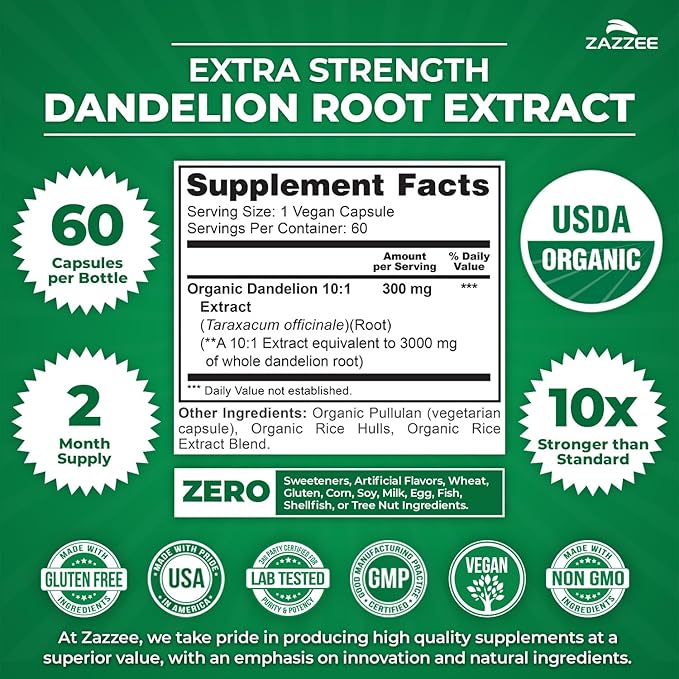 Zazzee USDA Organic Dandelion Root 10:1 Extract, 60 Capsules, 2 Month Supply, Liver & Detox Support, Taraxacum Officinale, Organic Herbal Supplement, All-Natural, Non-GMO, Made in the USA