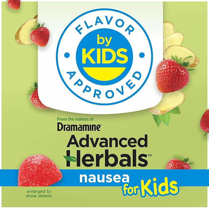 from The Makers of Dramamine, Advanced Herbals Kids Gummies, for Nausea Relief & Motion Sickness During Travel, Strawberry & Ginger Flavor, 20 Count