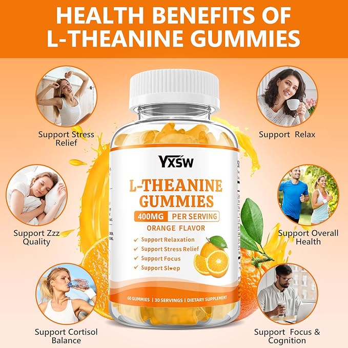 L-Theanine Gummies, Chewable L-Theanine Supplement for Adults & Kids 400mg with Ashwagandha, GABA, 5HTP for Relax, Zzz & Focus Support, Orange Flavor, 60 Counts