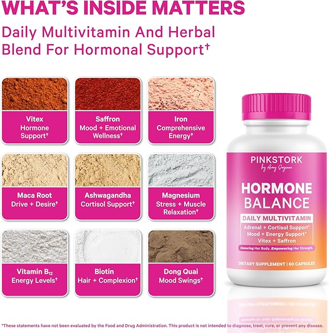 Pink Stork Hormone Balance Multivitamin for Women | 18-in-1 Vitex, Saffron, Ashwagandha, Magnesium | Mood, Energy, Cortisol, Adrenal Support | PMS, Perimenopause Support | 60 Vegan Capsules
