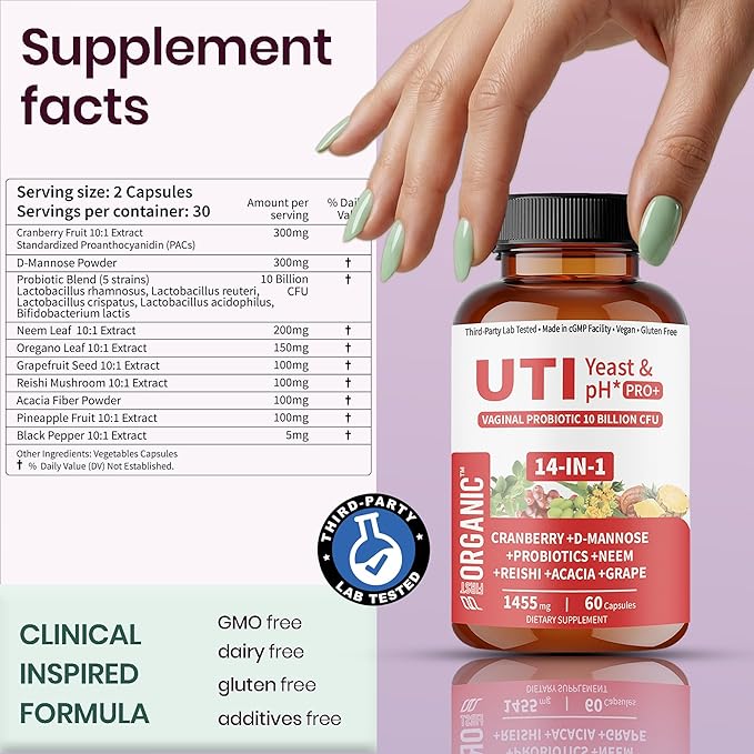 UTI Yeast & pH Pro+ | Pack of 2 | Daily Feminine Hydration & Balance Support with Cranberry, D-Manose, Aloe, Hibiscus | Third-Party Tested, cGMP Facility, Vegan, Gluten-Free | 60+60 Caps