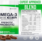 Omega-3 Fish Oil with Prebiotics & Probiotics – 1800mg EPA & DHA Supplement for Heart, Brain, and Gut Health – 20 Billion CFU, Inulin Fiber, Burpless Lemon-Flavored Softgels