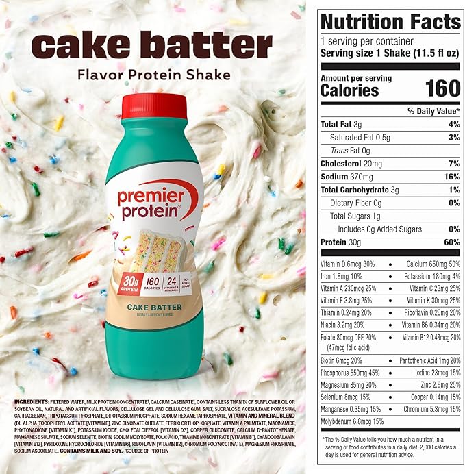 Premier Protein Shake, Cake Batter, 30g Protein, No Added Sugar, 24 Vitamins & Minerals to Support Immune Health, 11.5 fl oz, 12 Pack (Packaging May Vary)