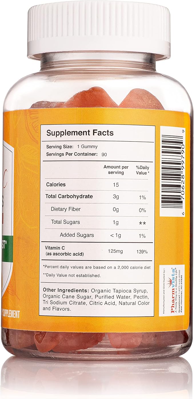 Pharmvista Vitamin C 125mg Gummy - Vegan, Gluten Free Supplement - 90 Count