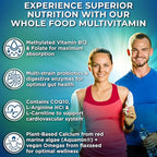 Vegan Whole Food Daily Multivitamin with Iron, Methylated Multivitamin for Women and Men, Made with Fruits & Vegetables, B-Complex, Probiotics, Enzymes, CoQ10, Omegas, Turmeric, Non-GMO, 180 Count