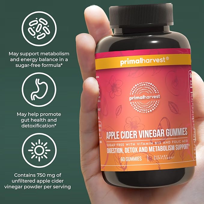 Primal Harvest ACV Gummies, 60 Sugar Free Apple Cider Gummies Beetroot and Pomegranate to Support Immunity, Digestion and Detox 750 MG