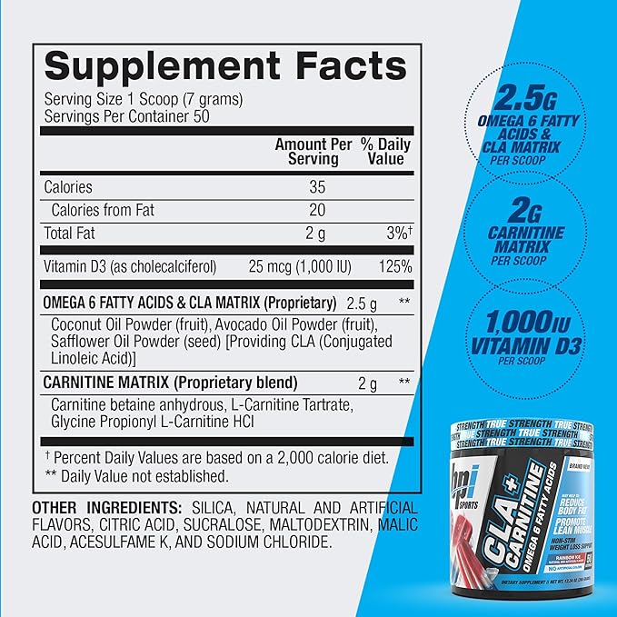 BPI Sports CLA+Carnitine – CLA L Carnitine & Linoleic Acid – L Carnitine Supplement for Weight Loss, Metabolism & Lean Muscle – Caffeine Free – Rainbow Ice – 50 Servings – 12.34 oz