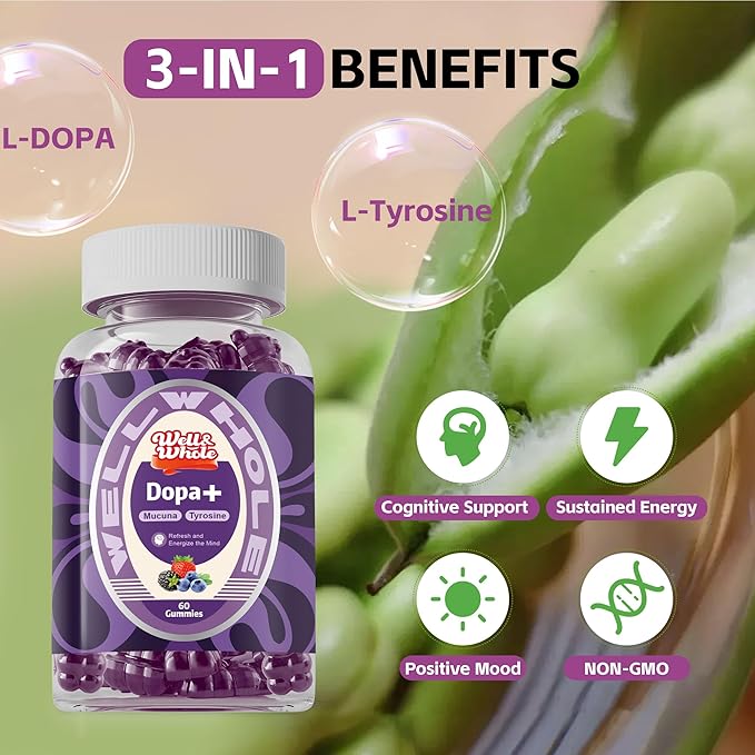 Well&Whole Dopamine Gummies - Mucuna Pruriens Supplements Gummies 500mg with L-Tyrosine 200mg & Ashwagandh, Mood & Focus Support, Berry Flavor, Non-GMO, Gluten-Free, 60cts (1)