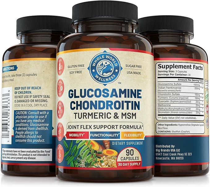 Joint Support Supplement with Glucosamine Chondroitin MSM Turmeric Boswelia. Supports Inflammatory Response, Discomfort Relief for Knees Hands Back Joints. USA Made.