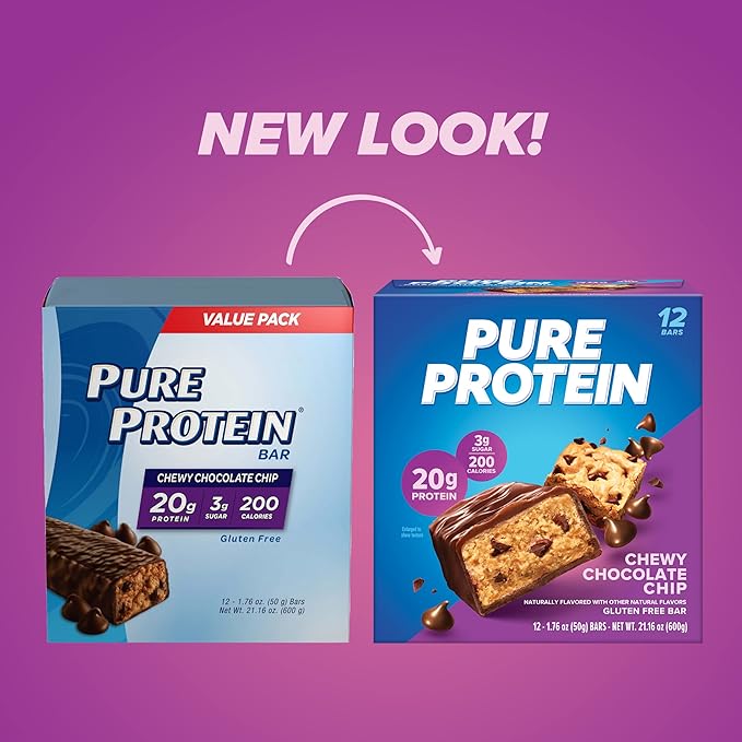Pure Protein Chewy Chocolate Chip Protein Bars – 20g Protein, 3g Sugar, 190 Calories (12 count) Low Sugar* High Protein Snack - Gluten Free - Perfect for a Healthy Snack