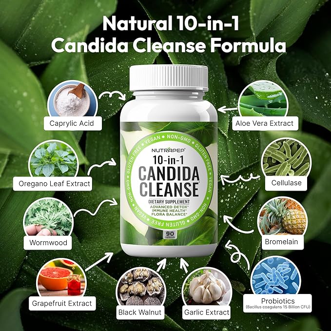 Candida Cleanse Detox Supplement - Women Men Natural Yeast Overgrowth Support with Caprylic Acid Probiotics Complex for Candi Balance Immune Intestinal Flora & Gut Health - Vegan Gluten Free