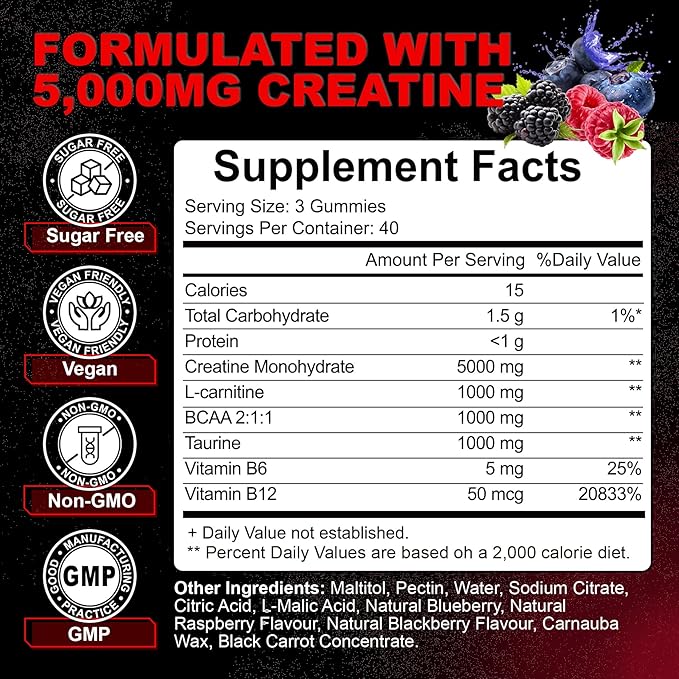 Creatine Monohydrate Gummies for Men & Women with L-Carnitine & Taurine – Pre-Workout Supplement for Muscle Strength, Energy Boost – Sugar Free, Vegan, Berry Flavor, Chewable Gummy 120 Count