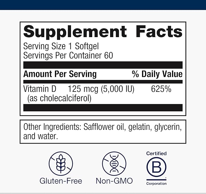Metagenics Vitamin D3 5000 IU Supplement - High Potency Softgels for Immune, Bone & Heart Health* - 125 mcg Cholecalciferol in Coconut Oil for Enhanced Absorption* - Non-GMO, Gluten-Free - 60 Count