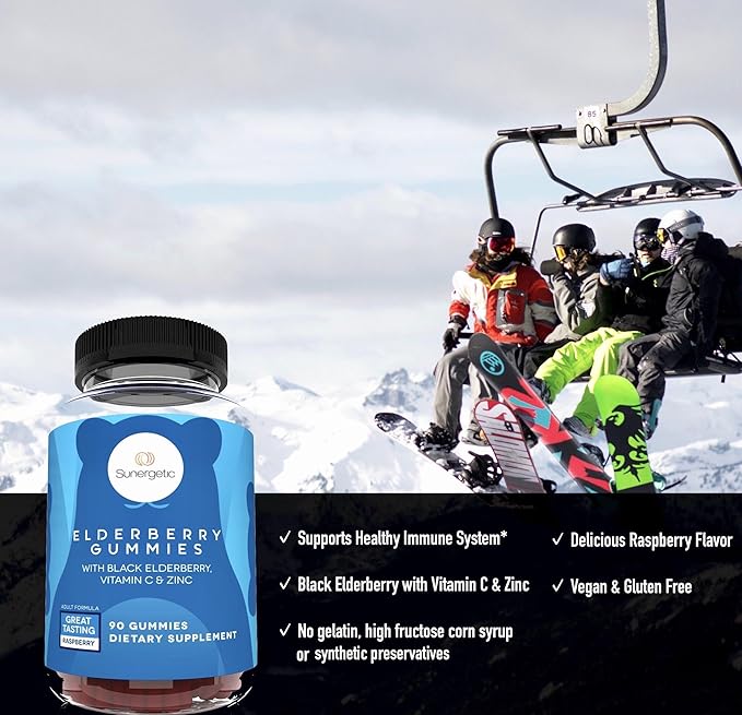 Sunergetic Premium Black Elderberry Gummies – Black Elderberry with Vitamin C & Zinc – Helps Support Immune System – Great Tasting Sambucus Elderberry Gummies – Raspberry Flavored – 90 Gummies