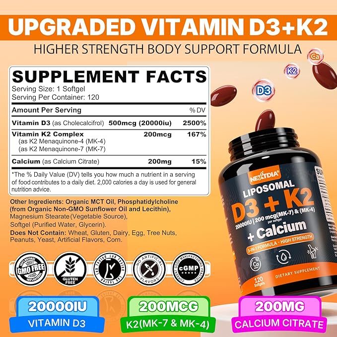 Vitamin D3 20,000 IU + K2 Vitamin (MK4 & MK7) 200mcg + Calcium Citrate, Optimal Vitamin D3 K2 Softgel - Strong Bone & Muscle, Calcium Absorption, Helping Vitamin D Deficiencies, Easy to Swallow, 2Pack