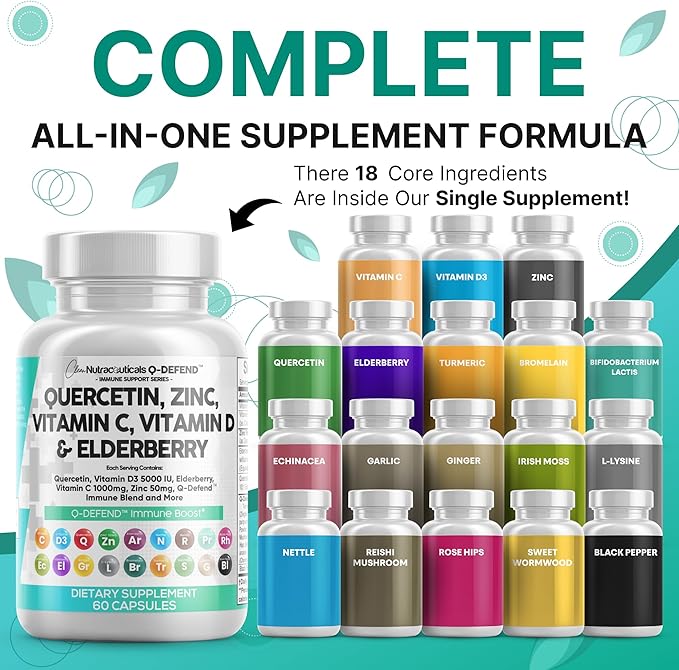 Q Defend Quercetin Supplement with Zinc Vitamin C Vitamin D Elderberry Turmeric Black Pepper Garlic Ginger Sea Moss Lysine Stinging Nettle Reishi Immune Support 60 Capsules Pack of 3 by Clean Nutra