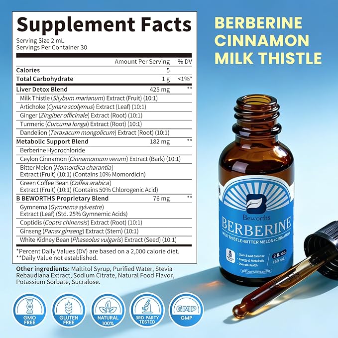 Berberine Supplement with Ceylon Cinnamon - Berberine Liquid Drops with Turmeric Curcumin, Ceylon Cinnamon, Bitter Melon, Berberine Phytosome for Digestion System, Immune Health Support -Vegetarian