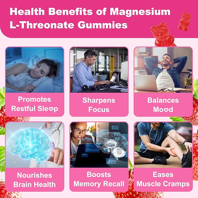 90 Count Magnesium L-Threonate Gummies, High Absorption Magnesium Threonate Supplement for Adults & Kids, Support Brain Health, Memory, Focus, Restful zzZ & Muscle, Sugar Free, Vegan, Non-GMO