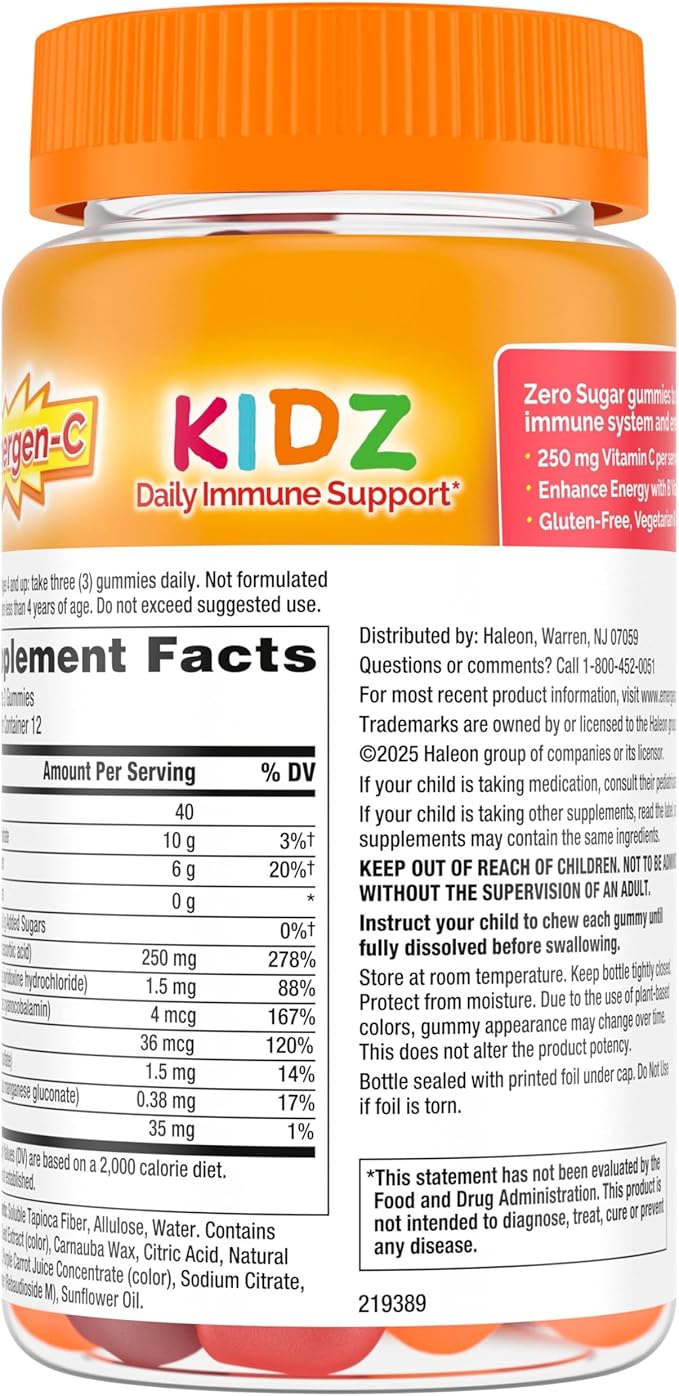Emergen-C Zero Sugar Immune Support Kidz Gummies, 36 Count (Pack of 2)