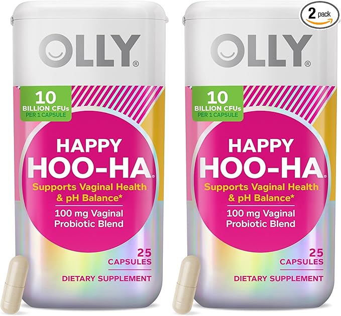 OLLY Happy Hoo-Ha Capsules, Probiotic for Women, Vaginal Health and pH Balance, 10 Billion CFU, Gluten Free - 25 Count (Pack of 2)