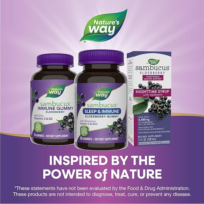 Nature’s Way Sambucus Sleep + Immune* Elderberry Gummies, Sleep Support for Adults and Immune Support*, With Melatonin, Vitamin C, L-Theanine, Zinc, 50 Gummies (Packaging May Vary)