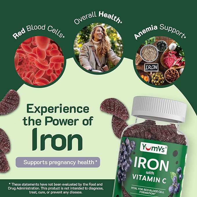 YUM-V'S Iron Gummies, Grape Flavor - 10 mg Chewable Iron Supplement, Gummies with Vitamin C - Kosher, Gluten Free - Blood Builder Iron Supplement Gummies (60 Count), Pack of 20
