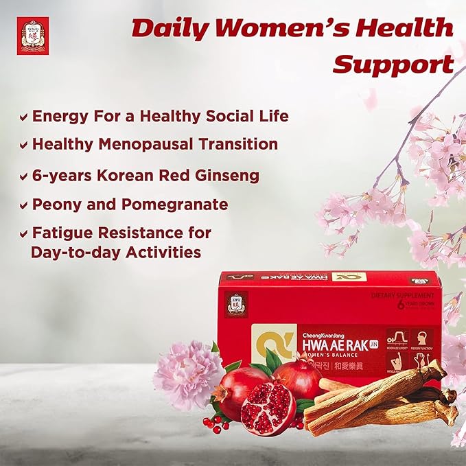 JUNG Kwan Jang Korean Red Ginseng Women's Balance Premium, HWA AE RAK JIN Natural Menopause Supplements for Women, Korean Red Ginseng Drink, Energy Boost, Enhance Circulation - 30 Pouches