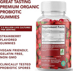 Plant.O Organic Probiotic Gummies for Women, Men & Kids [5 Billion CFUs USDA Certified] Help Support Digestion, Bloating, Constipation & Immune System, Strawberry Flavor, 30 Chewable Probiotics