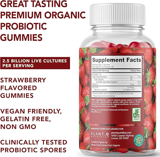 Plant.O Organic Probiotic Gummies for Women, Men & Kids [5 Billion CFUs USDA Certified] Help Support Digestion, Bloating, Constipation & Immune System, Strawberry Flavor, 30 Chewable Probiotics