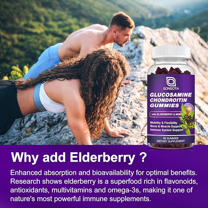 Glucosamine Chondroitin Gummies - 1- Pack, Extra Strength 1500mg Glucosamine with MSM & Elderberry, Flexibility Support, Best Cartilage & Immune Support Supplement for Men and Women - 60 Gummies
