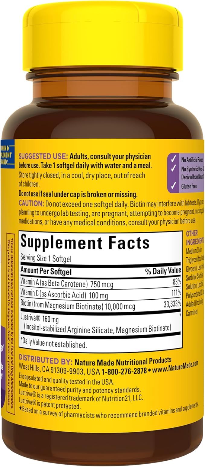 Nature Made Hair Growth Softgels, Clinically Studied Lustriva + Biotin, Vitamin C & A, Hair Growth Vitamins - Support Healthy Hair as You Age, 30 Softgels, 30 Day Supply