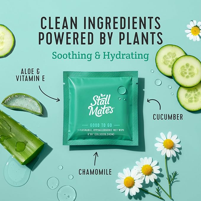 Stall Mates Wipes - Flushable Wipes, Individually Wrapped, Travel Friendly, Unscented with Cucumber, Vitamin-E & Aloe, (30 on-the-go singles)