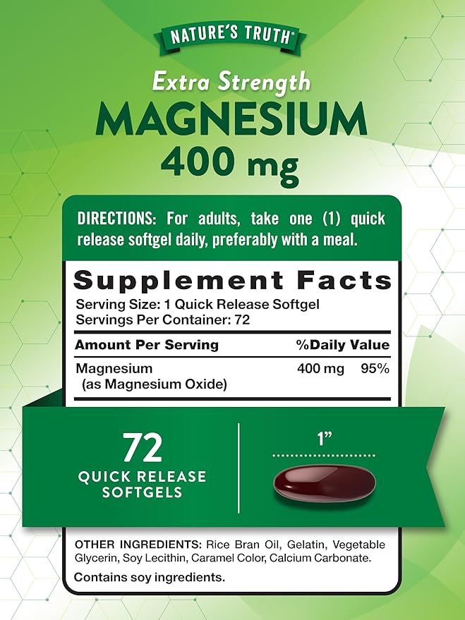 Nature's Truth Magnesium | 400mg | 72 Softgels | Value Size | Extra Strength | from Magnesium Oxide | Non-GMO and Gluten Free Supplement