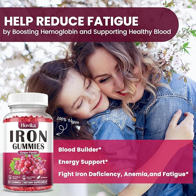 (2 Pack) Iron Gummies Supplement for Women & Men, Iron Supplements for Anemia with Vitamin C, B12, Folate-Blood Builder & Energy Support for Iron Deficiency - Grape Flavor, Vegan, 120 Gummies