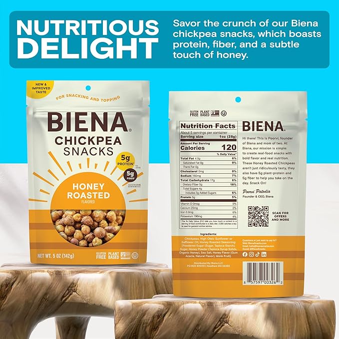 BIENA Chickpea Snacks - Crunchy Roasted Chickpeas - High Fiber Protein Snacks for Adults and Kids - 4-Pack, 5 Ounce Bags - Honey Roasted