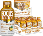 Focus Factor Extra Strength Focus + Energy Shots - 12 x 2oz Bottles (Pineapple Paradise Flavor) - Powered by Nootropics with Caffeine, L-Theanine, Ginkgo, Bacopa, L-Tyrosine, Alpha GPC